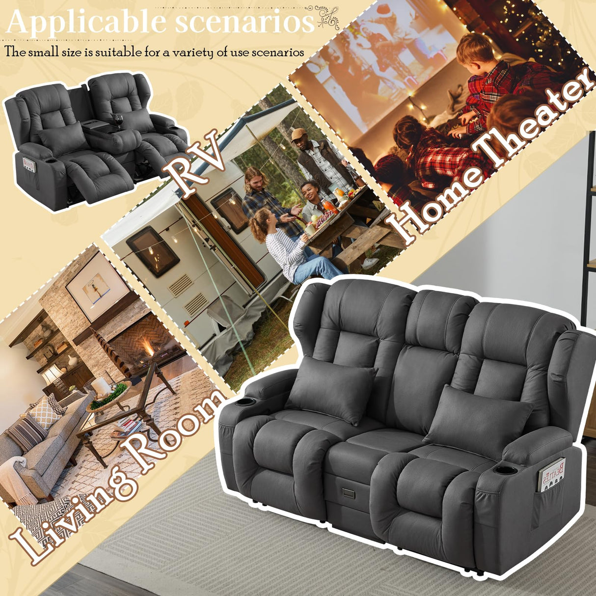 SAMERY 68" RV Loveseat Recliner Sofa, 6" Wall Hugger Reclining Loveseat with Flip-Down Console, Manual Fabric Recliner Sofa Couch for Living Room RV Theater Seating with Cup Holder SAMERY