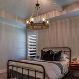 GEPOW Farmhouse Wood Chandelier, Round Wagon Wheel Light Fixture with Seeded Glass Shades & Hemp Rope for Dining Room, Living Room, Bedroom, Kitchen Island, and Foyer GEPOW