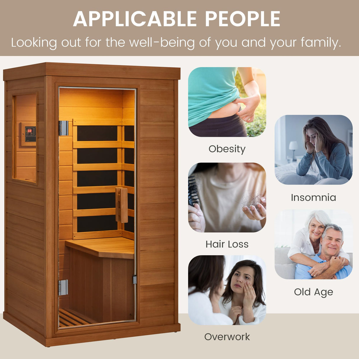 BNEHS 1 Person Infrared Sauna, Hemlock Wooden Indoor Dry Saunas，Full Spectrum Mini Sauna with 4 Heater Panels, Bluetooth Speaker, Tempered Glass Door, Compact and Easy to Use, 110V BNEHS