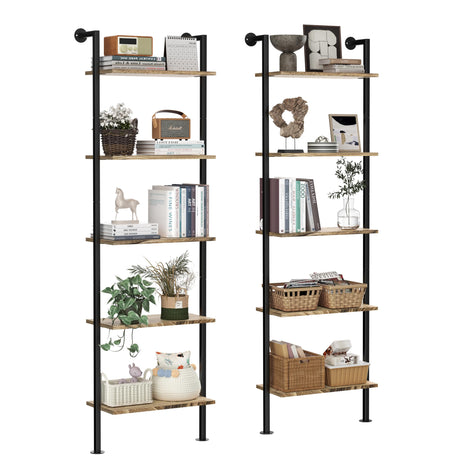 Acovy 5-Tier Rustic Wooden Ladder Shelf - Wall-Mounted Storage Rack for Living Room and Bedroom Acovy