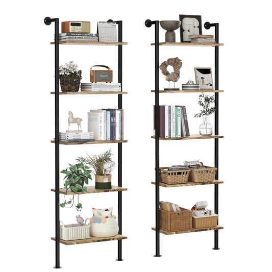 5-Tier Bookshelf Solid Wood Ladder Shelf, Narrow Book shelf Set of 2, Wooden Ladder Shelf Bookcase, Wall Mount Ladder Shelf, Storage Rack for Living Room, Bedroom, Industrial Style, Rustic Brown