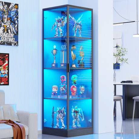 BROTTAR Kingsize Corner Display Cabinet with Doors (18.9" W), 4-Tier Display Case, Curio Cabinet for Collectibles, Toys, Books, Corner Shelf&Bookcase with 3 Color Lights, Black BROTTAR