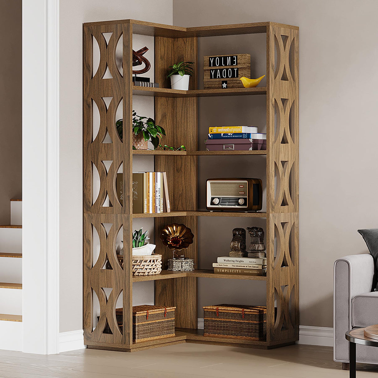 Tribesigns Rustic 5-Tier L Shaped Corner Bookshelf - 66-Inch Tall Storage Organizer for Living Room or Bedroom Tribesigns