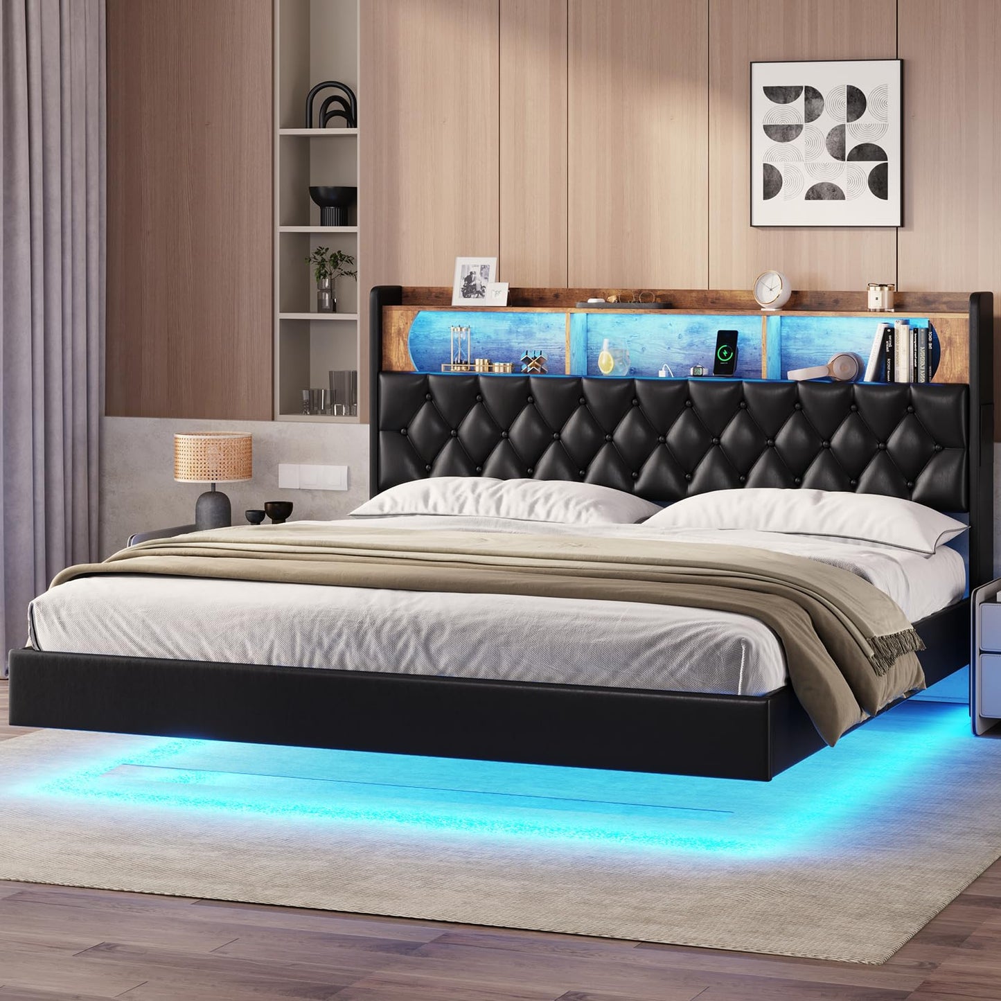 BTHFST King Floating Bed Frame with LED Lights and Storage Headboard - WoodArtSupply