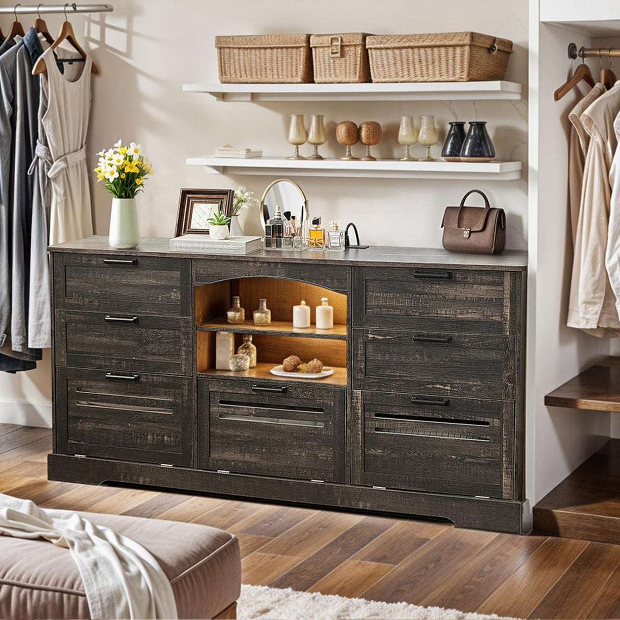 JanflyHome Wood Rustic Chest of Drawers, 63" Wide Vintage 7 Dresser with Outlet and Lights, Farmhouse Drawers Dresser with 4 Drawers & 3 Cabinets for Living Room, Dark Rustic Oak JanflyHome