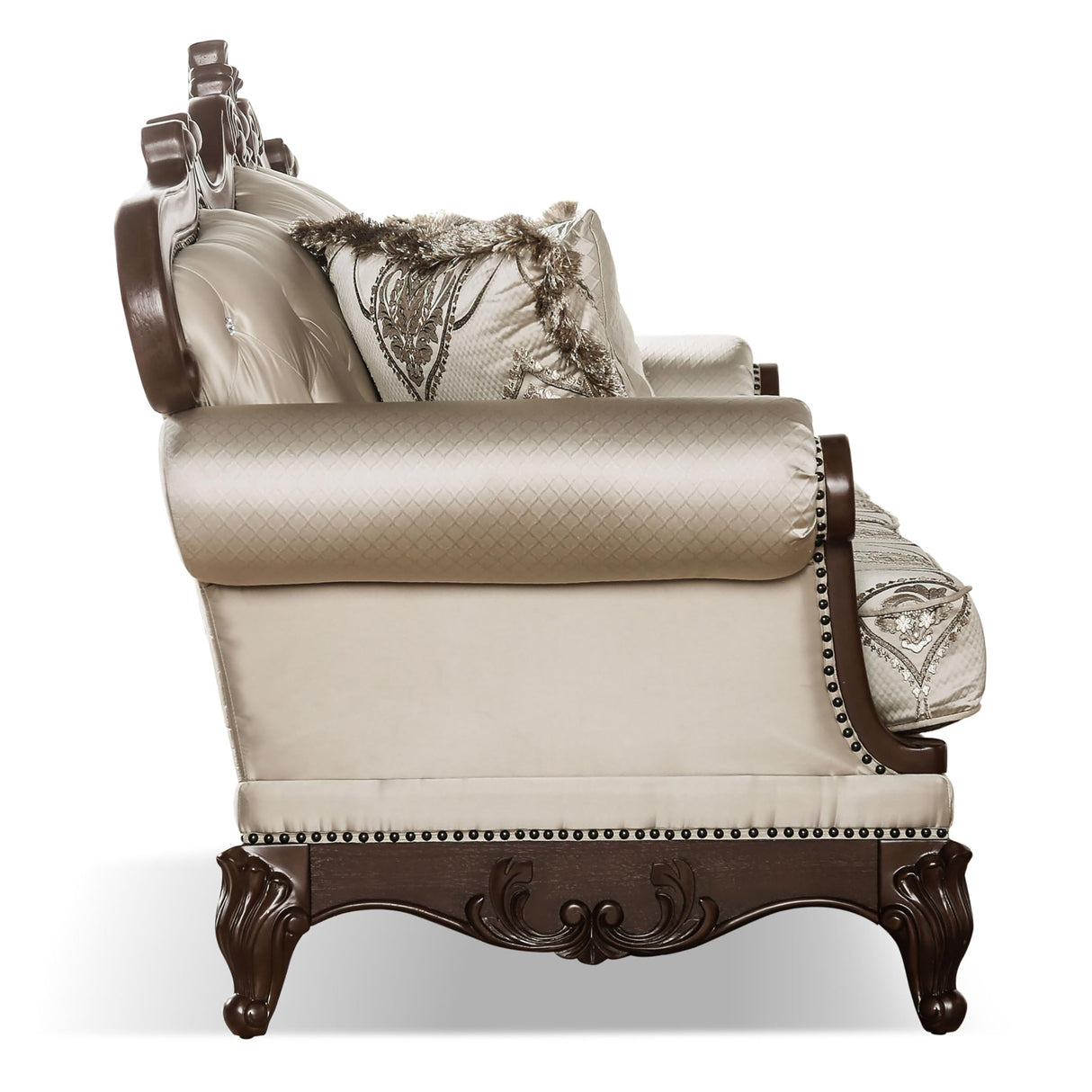 Furniture of America Adelaide Traditional Upholstered Sofa with Rolled Armrests and Button Tufted Back, Wooden Comfortable Couch for Living Room, Office, Bedroom, 2-Seater Loveseat, Dark Cherry/Beige Furniture of America