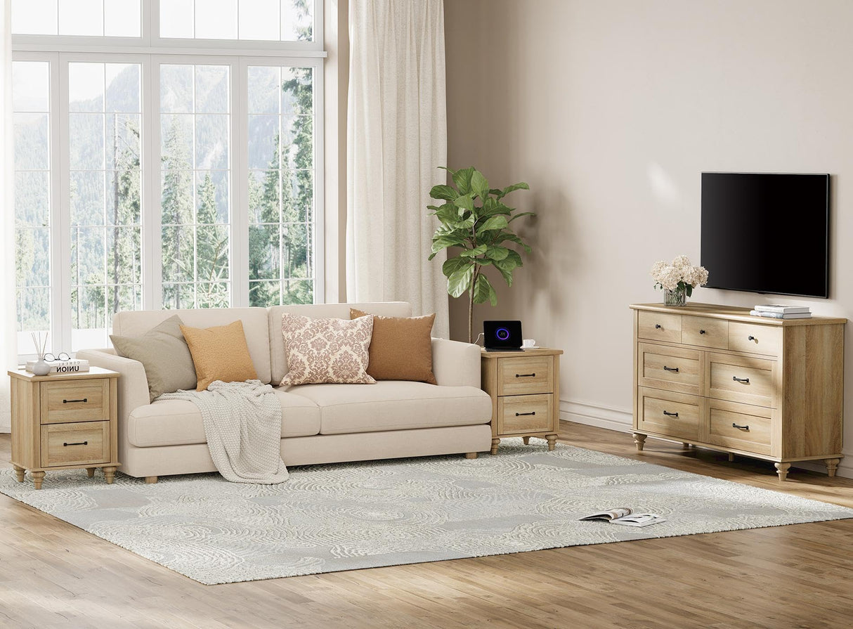 WAMPAT 3 Piece Bedroom Set - Includes 7 Drawer Dresser for Bedroom, Set of 2 Night Stands with Charging Station & Drawers, 3 Piece Dresser and Nightstand Sets, Oak WAMPAT