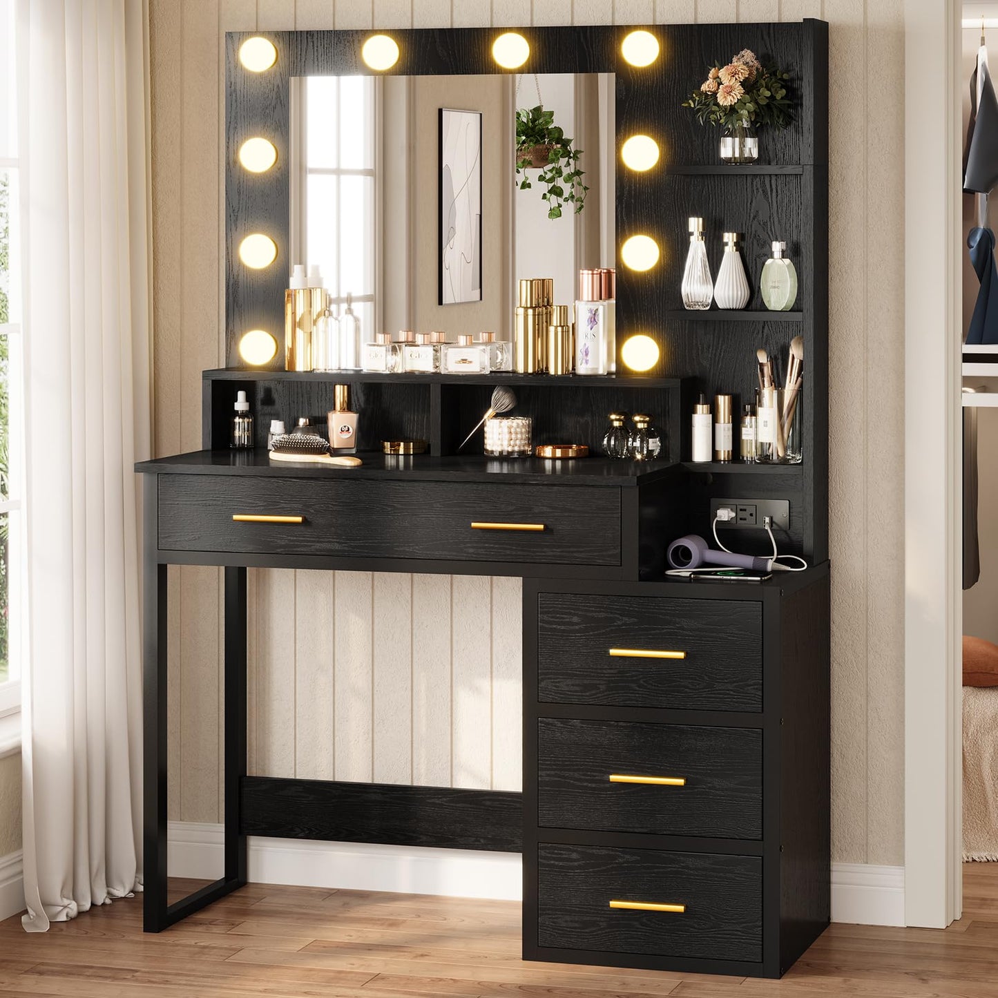 Tiptiper Makeup Vanity with Lights, Black Vanity Desk with Mirror & 3 Lighting Modes, Vanity Table with USB Ports and Outlets, Makeup Table with Nightstand & Storage Shelves & Drawers (Modern Black)