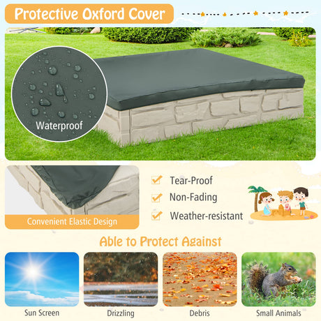 HONEY JOY Sandbox with Cover, 47x47 Inch Square Sand Pit for Backyard, Bottom Drainage Oxford Liner, HDPE Playful All Weather Resistant Sand Boxes for Kids Outdoor with Lid (White) HONEY JOY