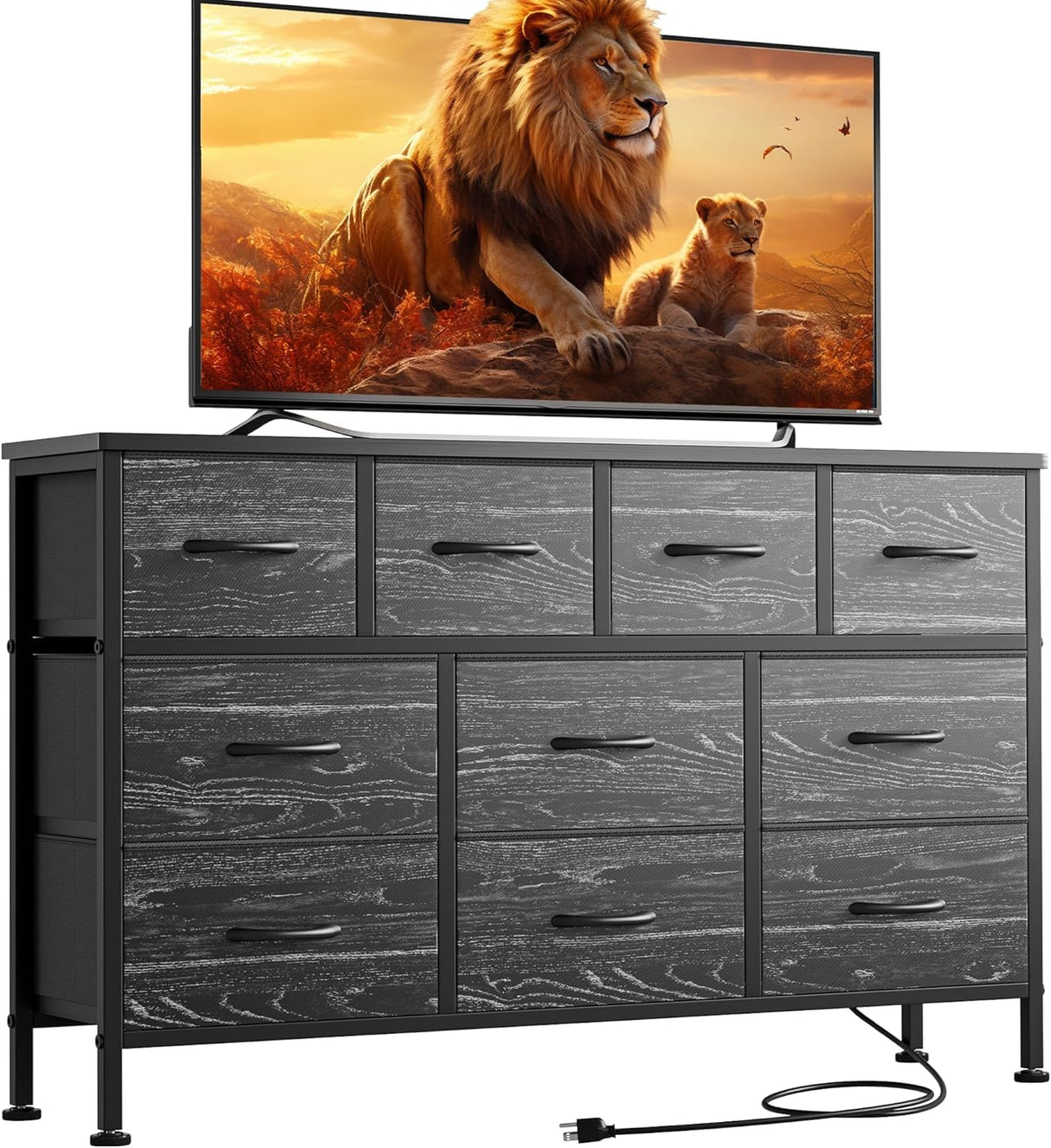 Lulive Dresser for Bedroom 10 Drawer Dresser TV Stand with Power Outlet, Entertainment Center Chest of Drawers for 55 Inch TV, Black Fabric for Bedroom Living Room Hallway Closets Lulive