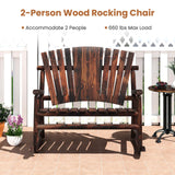 Giantex Outdoor Wooden Rocking Bench, 2-Person Adirondack Porch Rocker Chair with High Back and Slatted Seat, Rustic Log Loveseat for Front Porch Patio, Backyard, Garden, Brown, 51”x38”x46” Giantex