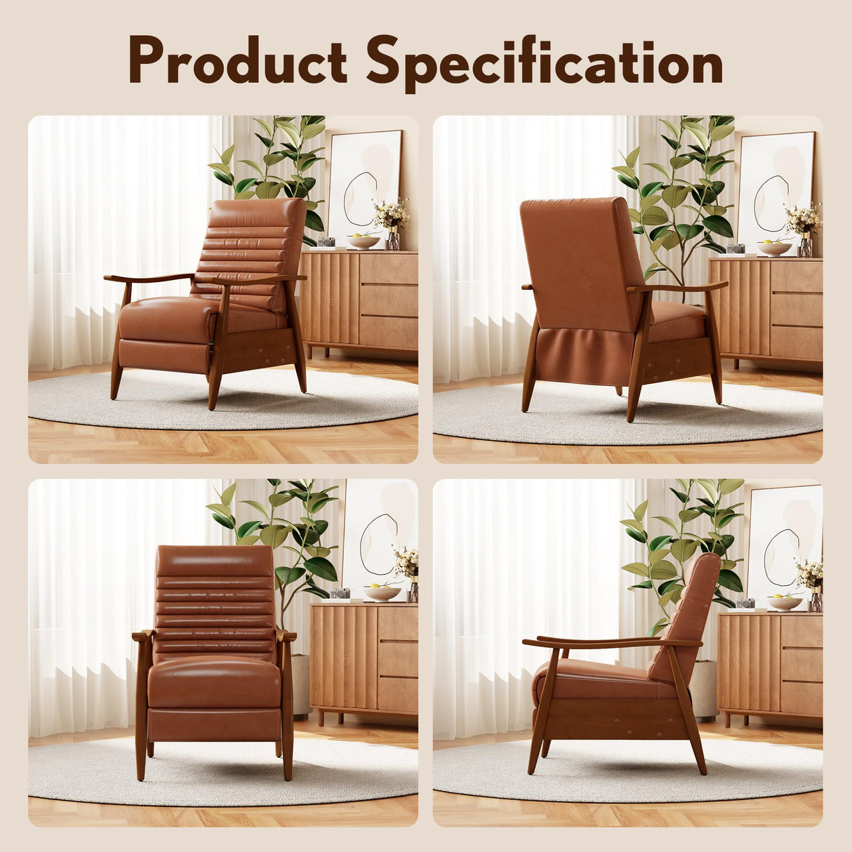 Leather Recliner Chair Set of 2, Mid Century Push Back Accent Ｃhair, Comfortable Living Room Chair with Solid Wood Frame, High Back Lounge Chair for Reading and Relaxing(Brown) Generic