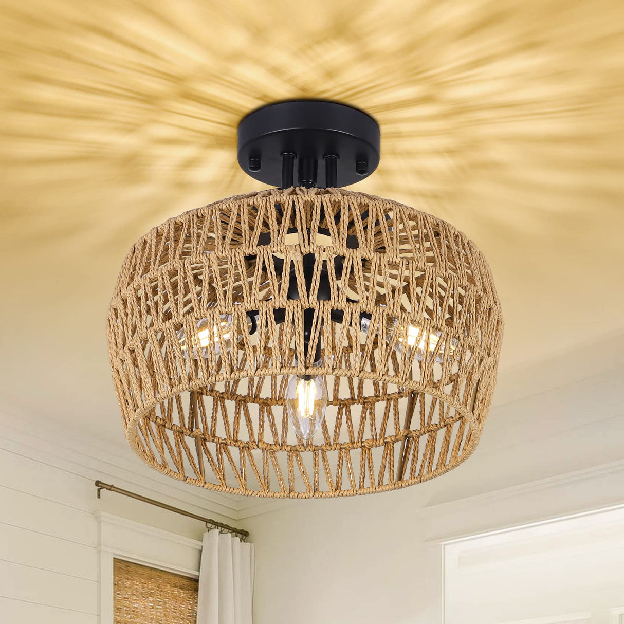 HMVPL Semi Flush Mount Ceiling Light, Rattan Light Fixture Ceiling Mount with Handmade Wicker Lampshade, 3-Lights Boho Chandelier, Woven Close to Ceiling Light for Bedroom Hallway Living Room Kitchen HMVPL