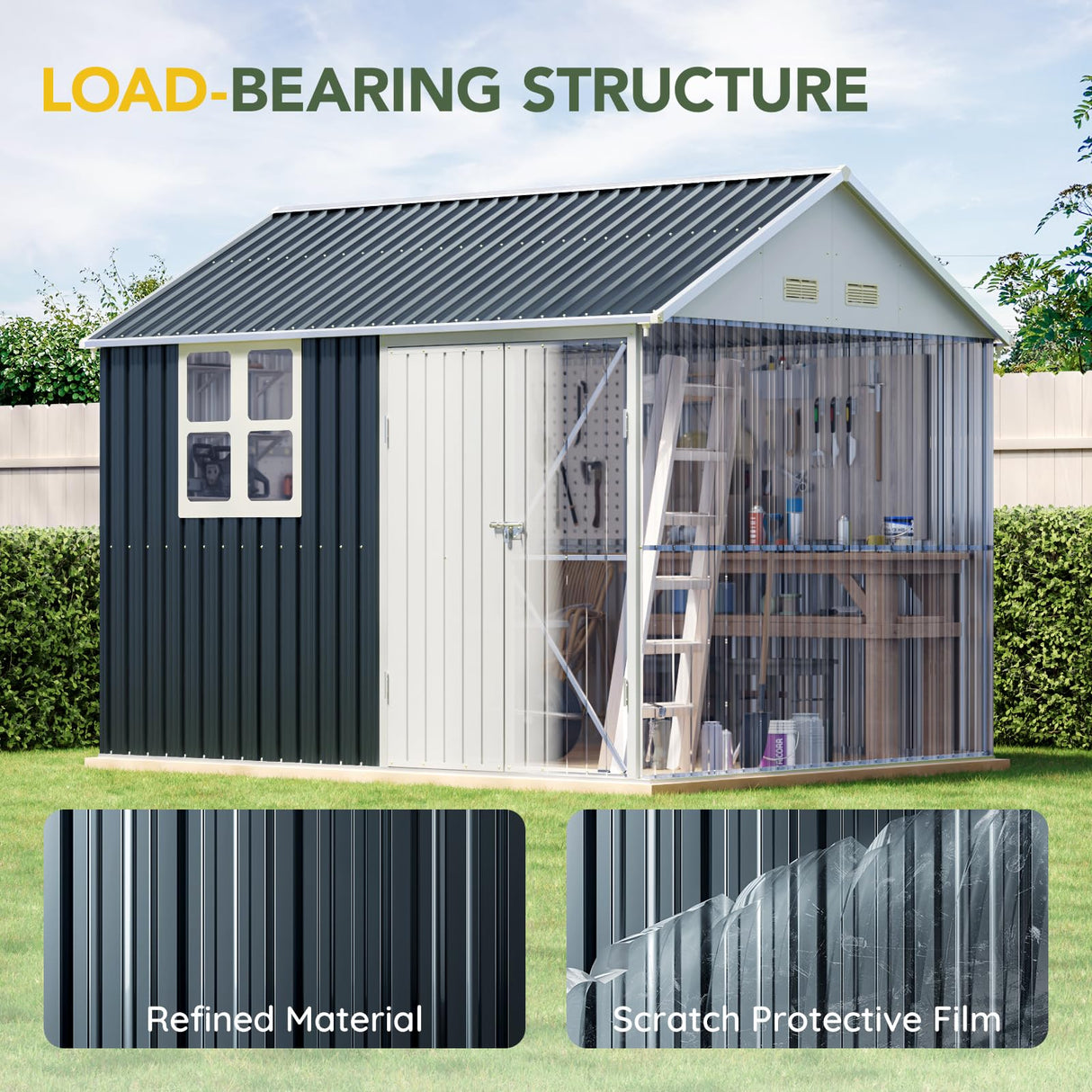 Breezz 8X10FT Outdoor Steel Storage Shed with Clear Window, Lockable Doors, Weather-Resistant Metal Tool Shed for Garden, Backyard, Patio, and Utility Storage.Nightblue BreezZ