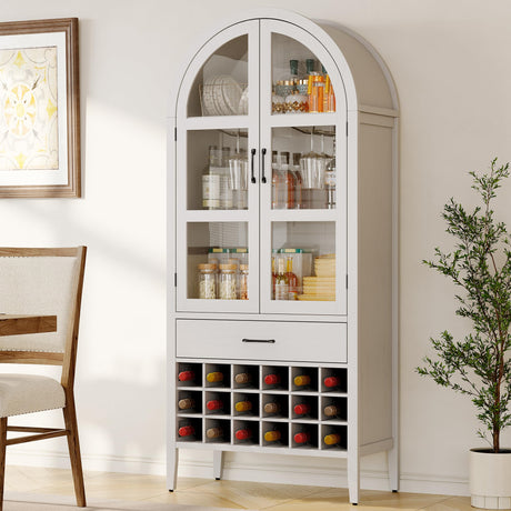ONBRILL 71" Tall Wine Bar Cabinet, Arched Storage Cabinets with Door, Whiskey Station with Wine Rack and Glass Holder, Liquor Bar Cabinet for Home Kitchen Living Dining Room (Off White) ONBRILL