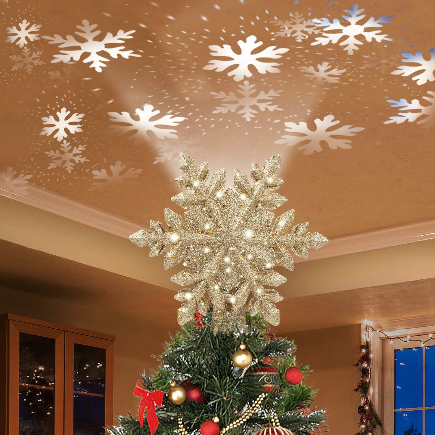 DG-Direct Christmas Tree Topper Lighted with Golden Snowflake Projector, Led Rotating Magic Snowflake, 3D Hollow Glitter Lighted Gold Snow Tree Topper for Christmas Tree Decorations