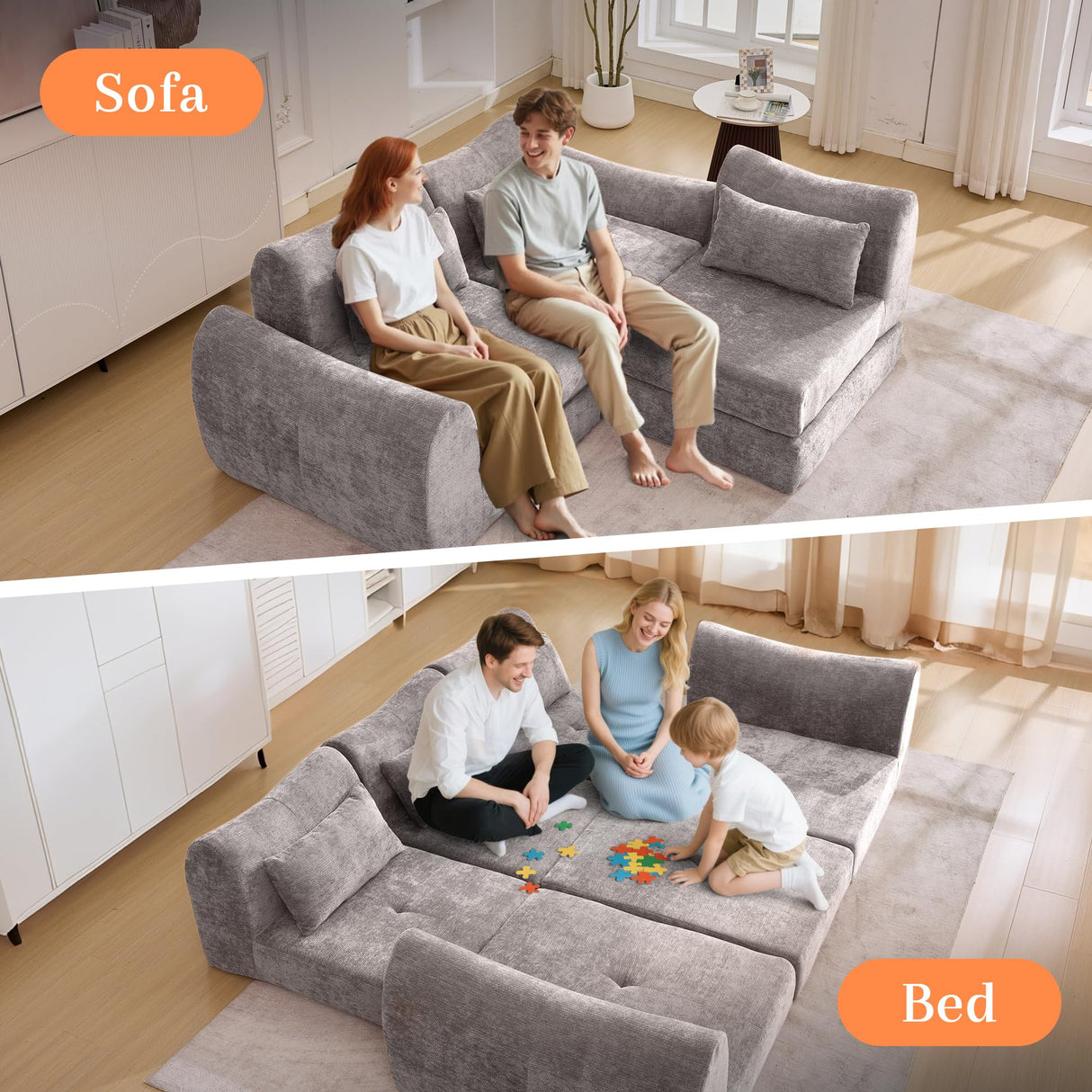 MAXMAXX 102" Cloud Sofa, 4-in-1 Folding Sofa Bed, Floor-Standing Boneless Couch, Futon Sofa Bed for Living Room, Bedroom and Entertainment Room(Gray) MAXMXX