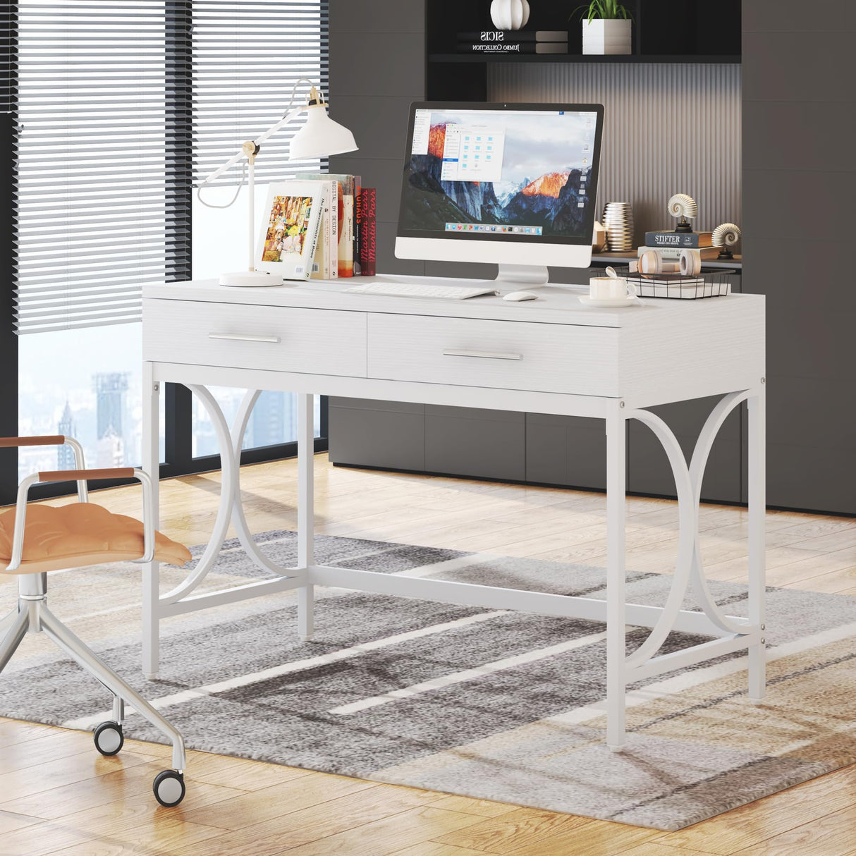 Tribesigns Modern Computer Desk with 2 Drawers, 41 Inches Study Writing Office Desk for Home Office, Bedroom, Makeup Vanity Table Desk with Metal Frame, White Tribesigns
