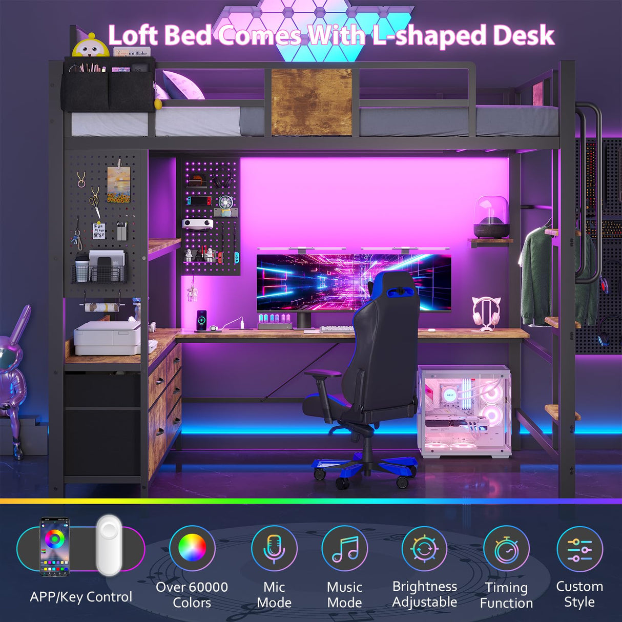 Dnxao Loft Bed with L-Shaped Desk Full Size,Full Size Bed Frame with 5 Storage Drawers, Bunk Bed with Desk,1 Bedside Organizer,LED Lights & Charging Station,Safety Guardrail,Noise Free,Rustic Brown Dnxao