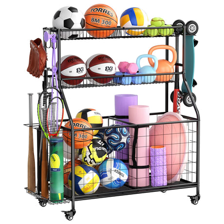 WUC Garage Sports Equipment Organizer, Garage Ball Storage, Ball Storage Rack, Garage Organizer for Garage with Basket and Hooks, Rolling Sports Ball Storage Cart for Toy Sports Gear Storage, Black WUC