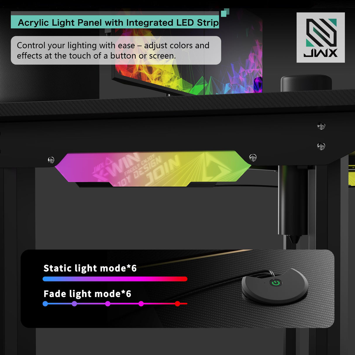 JWX 4 Legs Standing Desk with Dual Motor, Flip-up Cable Management Design with Acrylic Led Light JWX