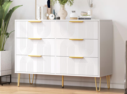 NEWOWNDS Fluted 6 Drawer Dresser,41" W*26H Modern Chest of Drawers with Stable 5 Golden Legs，Unique Curve Profile Design for Bedroom, Living Room,Entryway,Hallway,Solid White