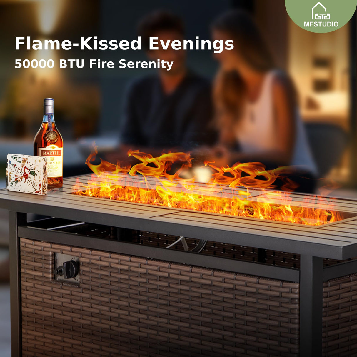 MFSTUDIO 9 Piece Extra Large Wicker Patio Furniture Set with 56" Fire Pit Table, All-Weather Rattan Sectional Sofa Patio Conversation Set with 50000 BTU CSA Approved Fire Pit & Aqua Blue Cushion MFSTUDIO