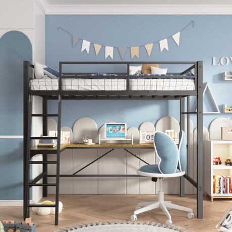 SogesSleep Loft Bed Twin Size with L-Shaped Desk, Heavy Duty Metal Twin Loft Bed with Charging Station, Safety Guard & Ladder, Space-Saving, No Box Spring Needed SogesSleep