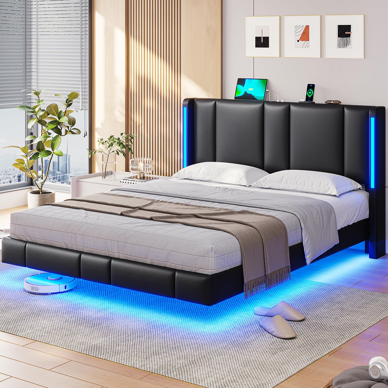 MSmask Floating Queen Bed Frame with LED Lights, Faux Leather Headboard & USB Ports - WoodArtSupply