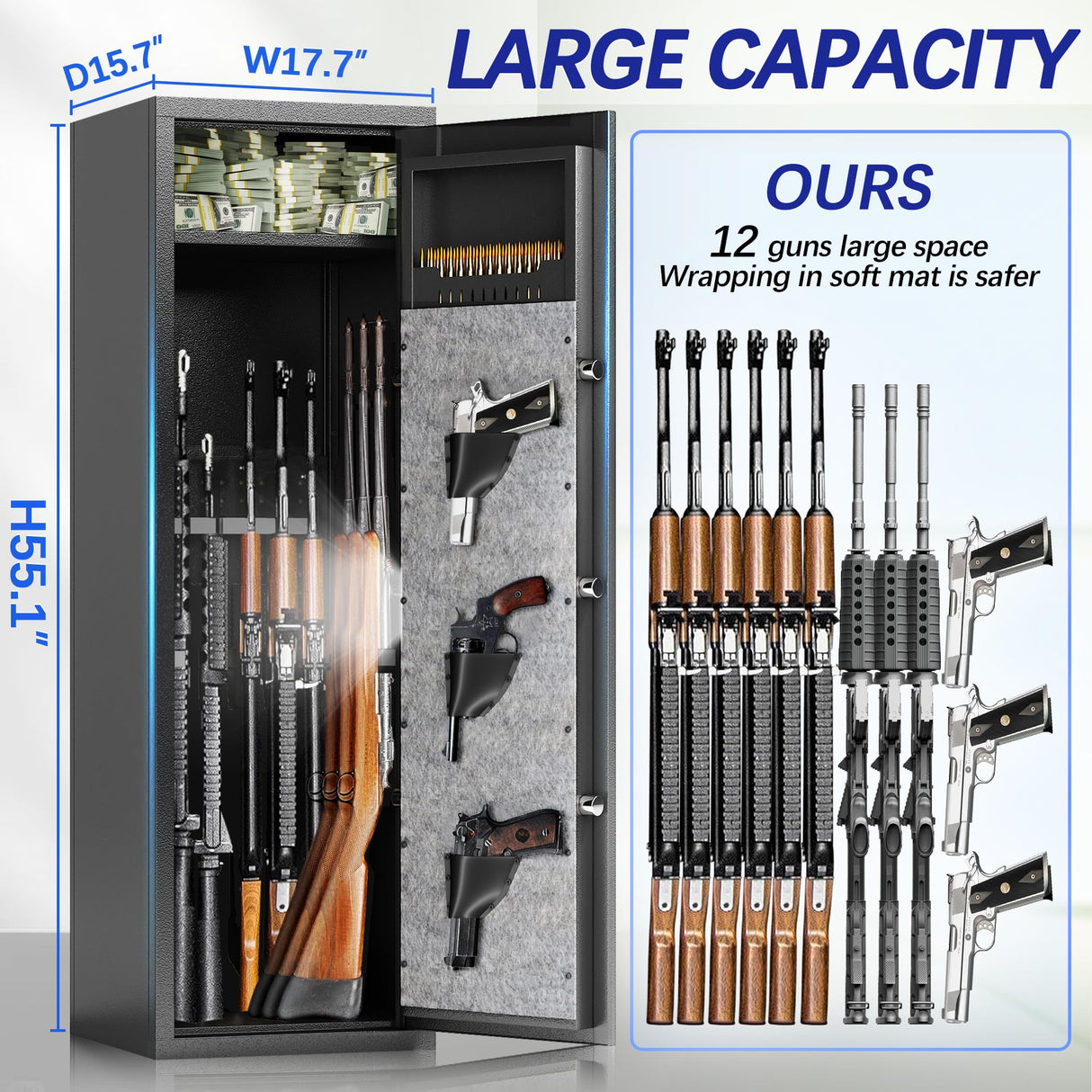 10-15 Large Gun Safe Cabinet With 3 Pistol Pouches,rifle Gun Safes for Home fireproof waterproof Adjustable Rack and Biometric Lock,Heavy-Duty Gun Safes for Rifles and Shotguns Money and Valuable PRESTELION