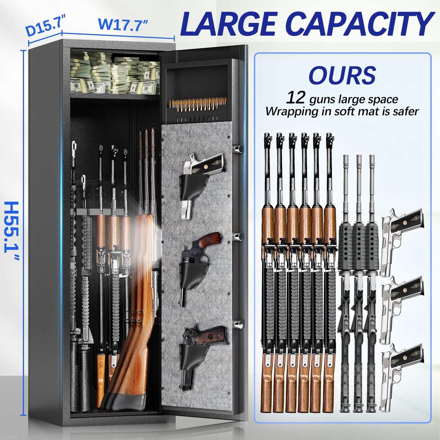 10-15 Large Gun Safe Cabinet With 3 Pistol Pouches,rifle Gun Safes for Home fireproof waterproof Adjustable Rack and Biometric Lock,Heavy-Duty Gun Safes for Rifles and Shotguns Money and Valuable