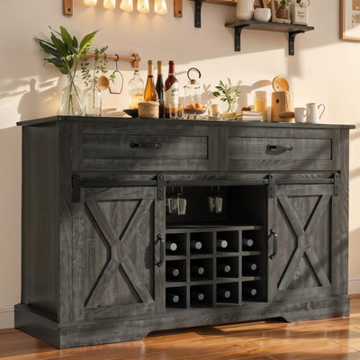 RoyalCraft 52'' Wine Bar Cabinet with Storage, Farmhouse Liquor Coffee Bar Cabinet for Home, Large Buffet Table with Drawers, Sliding Barn Door, Wine & Glass Rack, Dining Room, Rustic Dark Grey