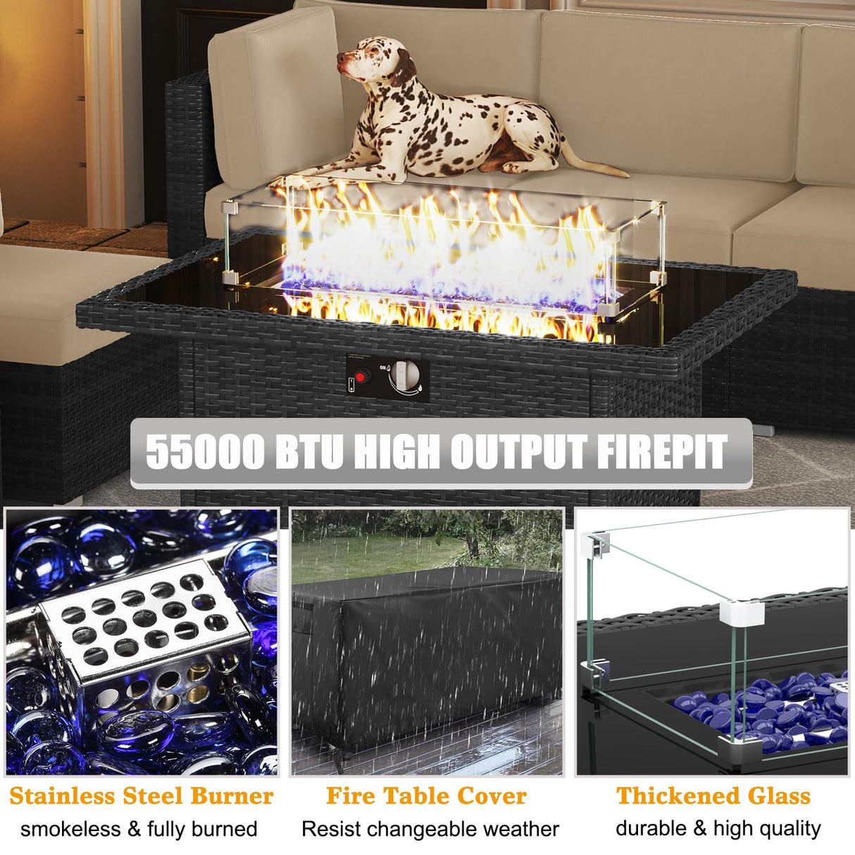 LayinSun 15 Piece Patio Furniture Set with Fire Pit Table, Outdoor Conversation Sets Wicker Rattan Sectional Sofa with Coffee Table LayinSun