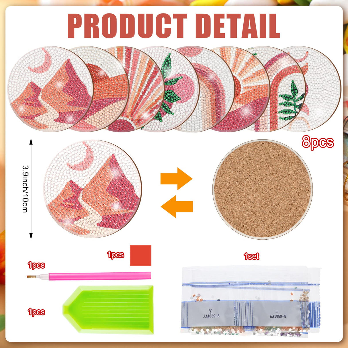 Vesici 8 Pcs Pink Diamond Painting Coasters with Holder Abstract Plants Diamond Art Painting Coasters Boho Art Coaster Kit with Holder DIY Crafts Kits for Adults Beginner Gift Supplies(Pink) Vesici