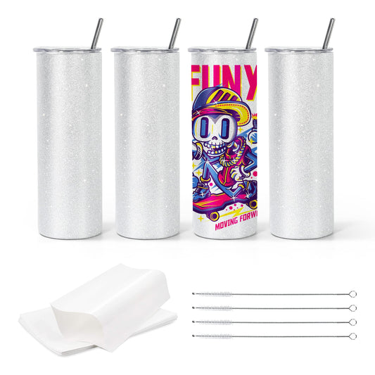 AGH 4PCS Sublimation Glitter Tumblers 20 oz Skinny Straight White 20oz Blanks Stainless Steel Cup with Lid & Metal Straw & Shrink Wrap & Brush