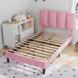 VECELO Twin Bed Frame with Upholstered Headboard, Heavy-Duty Platform Bedframe with Strong Wooden Slats Support, No Boxing Spring Needed, Pink VECELO