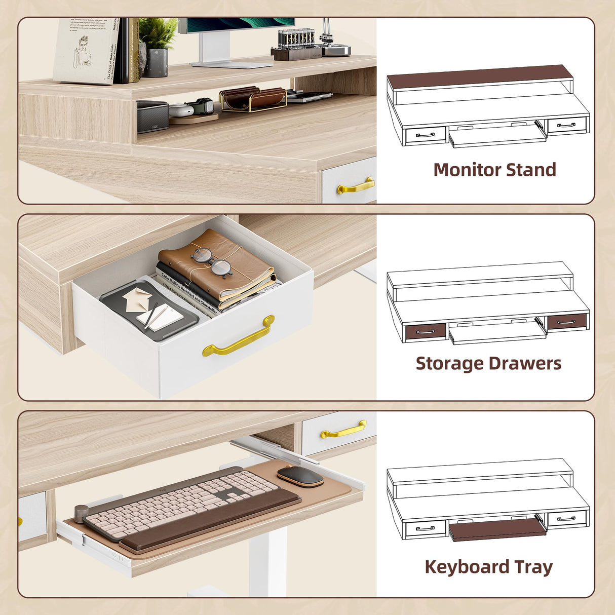 TIQLAB 55 x 28 Inch Height Adjustable Electric Standing Desk with Double Drawers&Keyboard Tray, Stand Up Desk with LED Strips&Monitor Stand, Light Walnut TIQLAB