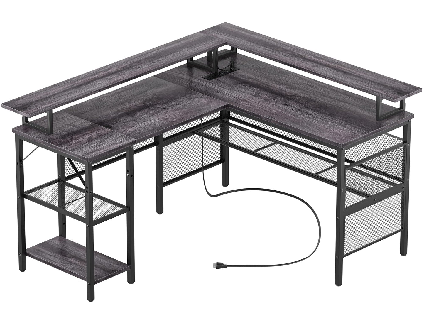 Unikito Reversible L-Shaped Computer Desk with Power Outlets, LED Lights and Storage Solutions in Black Oak - WoodArtSupply