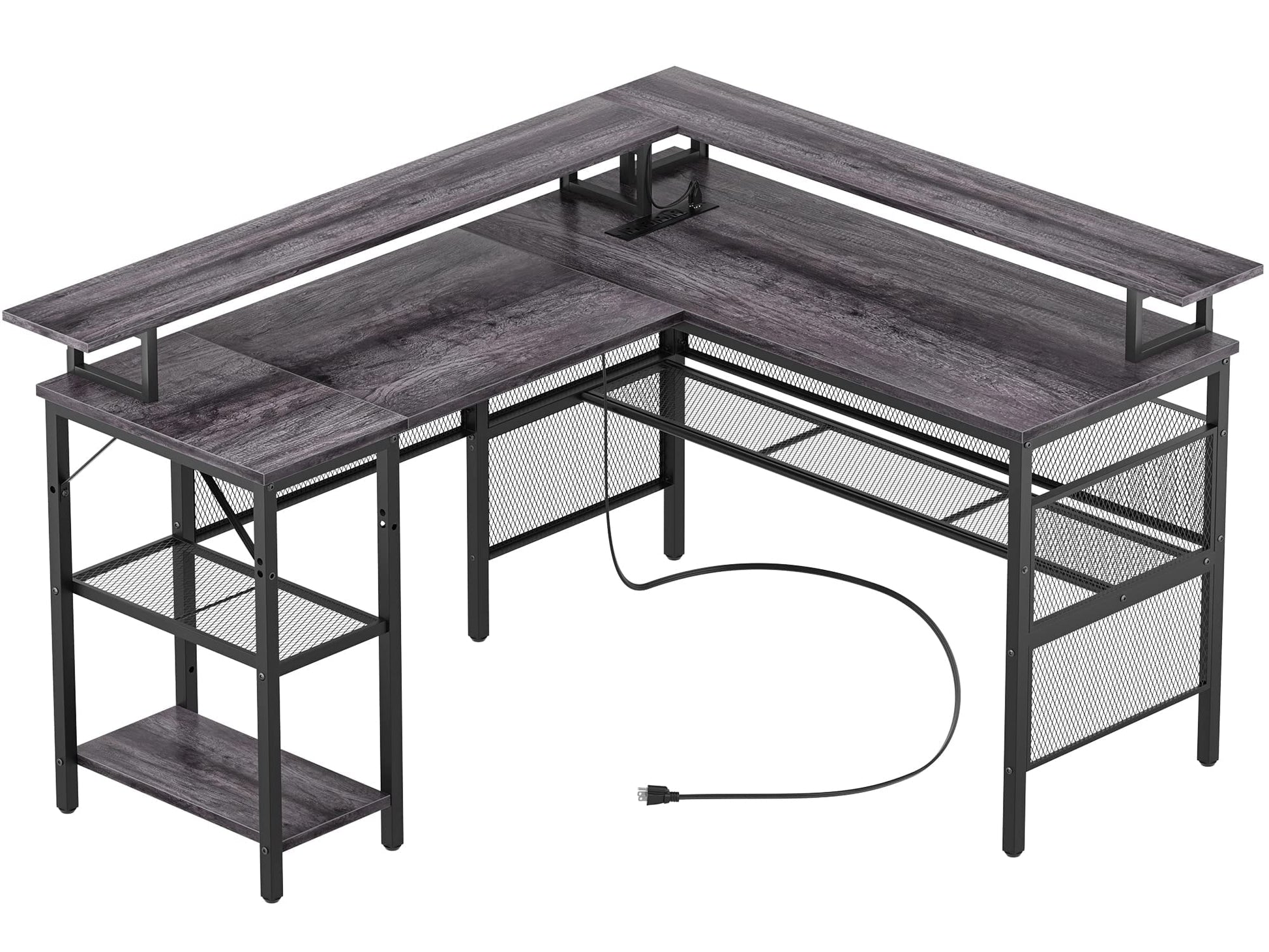 Unikito Reversible L-Shaped Computer Desk with Power Outlets, LED Lights and Storage Solutions in Black Oak - WoodArtSupply