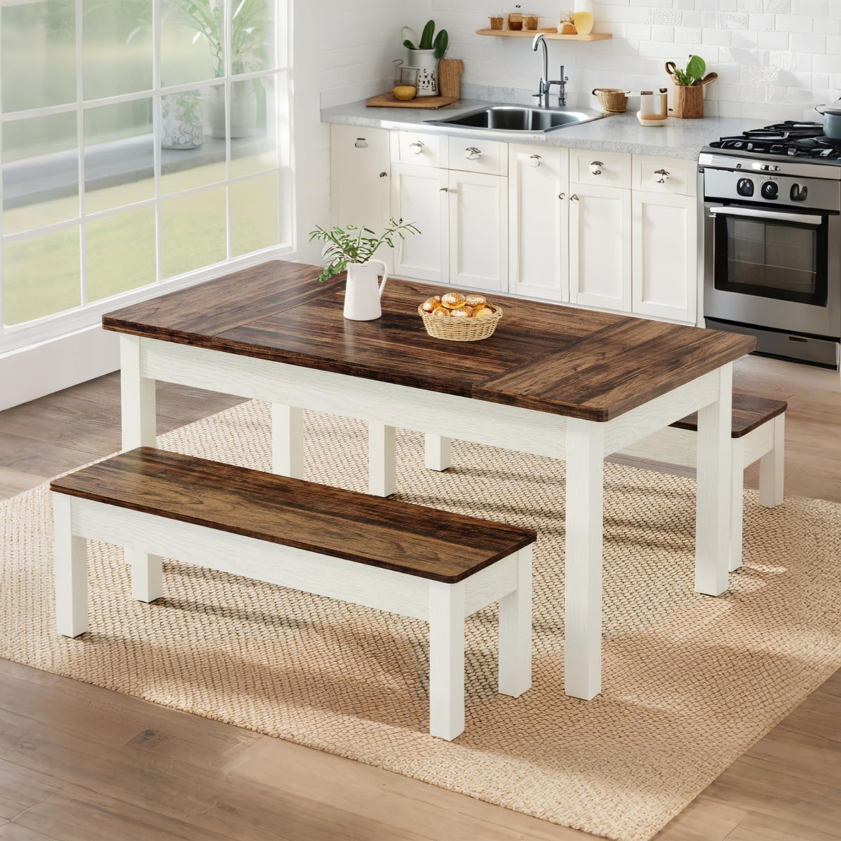 Tribesigns Farmhouse Kitchen Table Set for 4-6, 55-Inch Wooden Dining Table with 2 Benches, Space Saving 3 Pieces Heavy Duty Dinette for Dining Room, Kitchen, Small Space Tribesigns