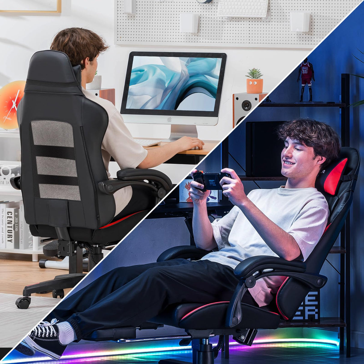 GTPLAYER Gaming Chair, High Back Leather Computer Gaming Chair with Footrest, Ergonomic Height Adjustable Office Chair with Removable Cover and Lumbar Support for Gaming and Work (Red) GTPLAYER