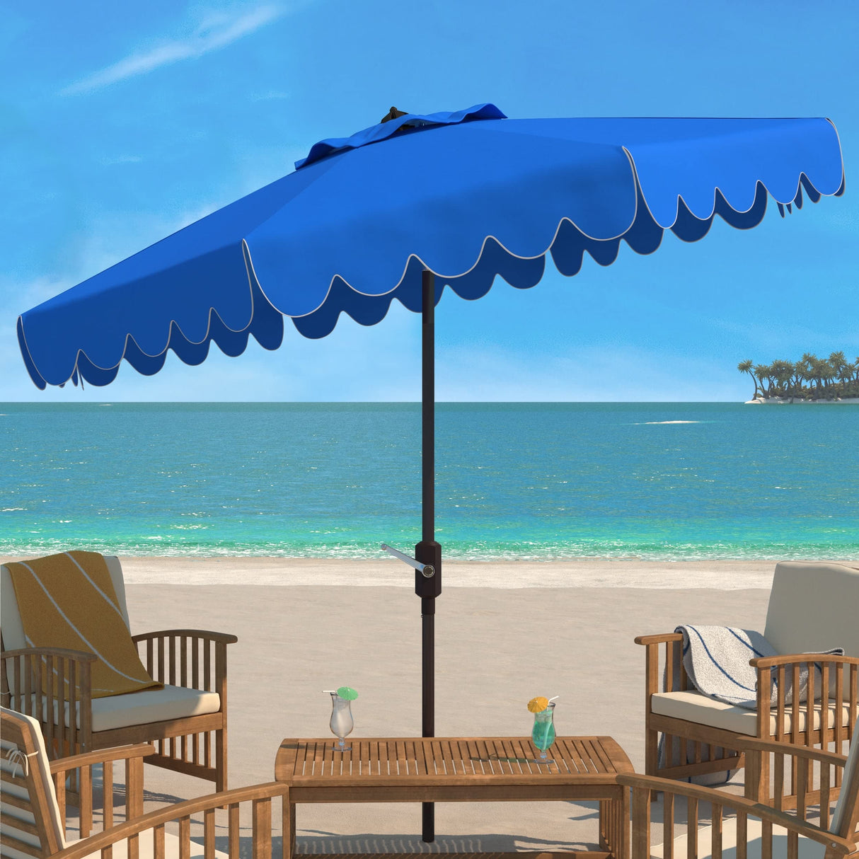 SAFAVIEH PAT8010A Collection Venice Navy and White Single Scallop 9Ft Crank Outdoor Push Button Tilt Umbrella Safavieh