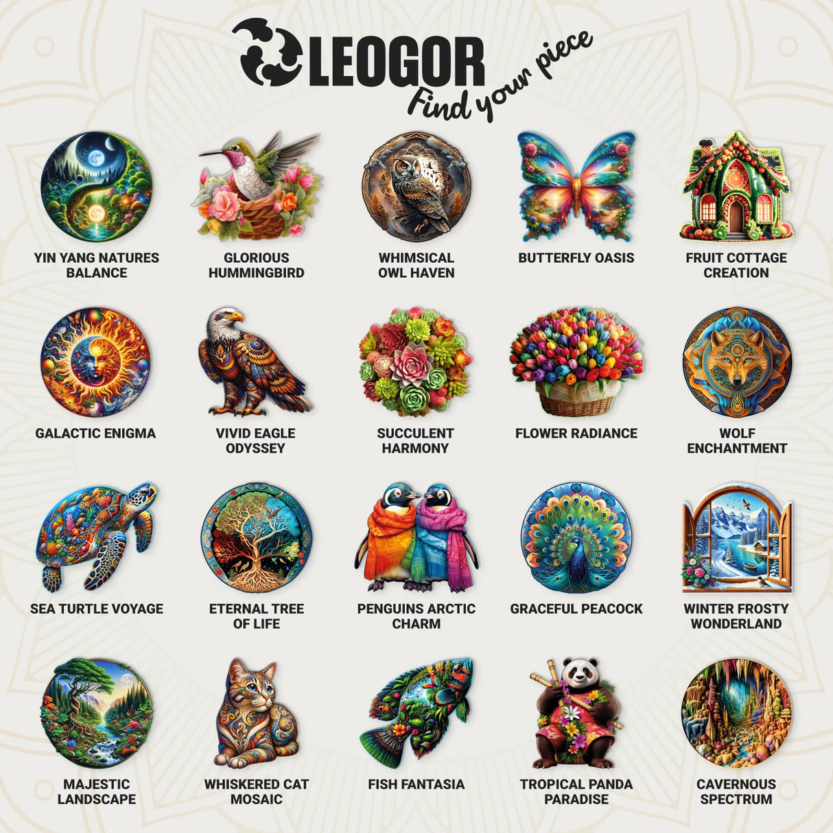 LEOGOR Extra Large Wooden Puzzles for Adults 500 Piece – Colorful Mosaic Sun and Moon Puzzle with Unique Laser Cut Animal-Shaped Wood Pieces – Challenging Jigsaw, 17.8'' x 17.8'' LEOGOR