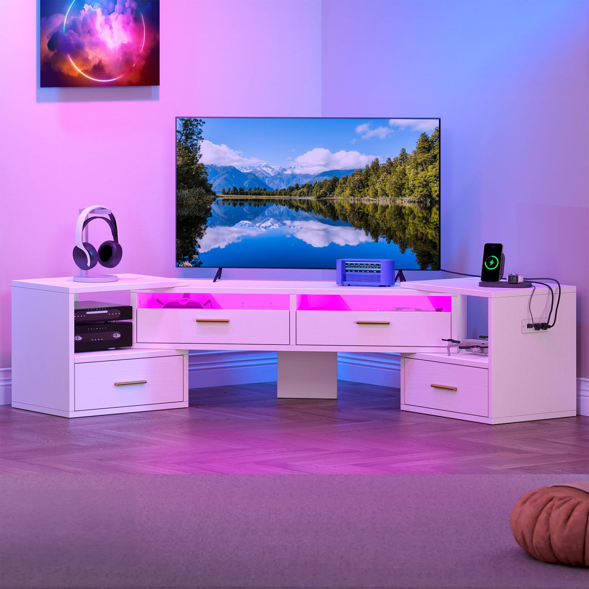 YITAHOME TV Stands for Living Room, Deformable TV Stand for 75 inch TV, Modern TV Stand w/Power Outlets, LED Entertainment Center with Storage, TV Console Cabinet, White YITAHOME