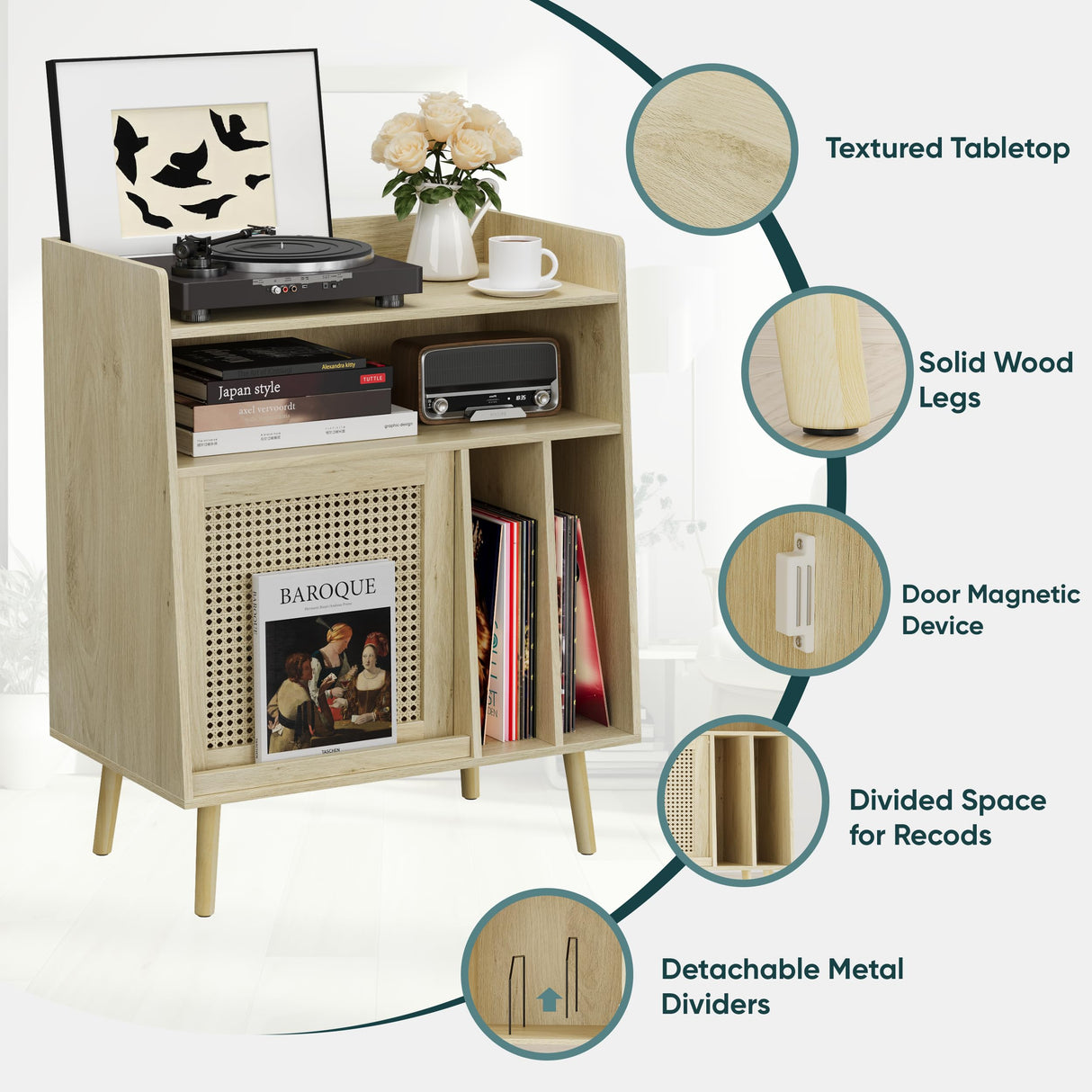 Semiocthome Record Player Stand with Vinyl Storage, Record Player Table with Storage Shelf, Turntable Stand with Rattan Cabinet Door, Side Table with Solid Wood Legs for Turntables for Living Room Semiocthome