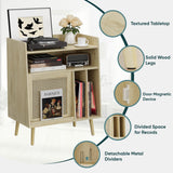 Semiocthome Record Player Stand with Vinyl Storage, Record Player Table with Storage Shelf, Turntable Stand with Rattan Cabinet Door, Side Table with Solid Wood Legs for Turntables for Living Room Semiocthome
