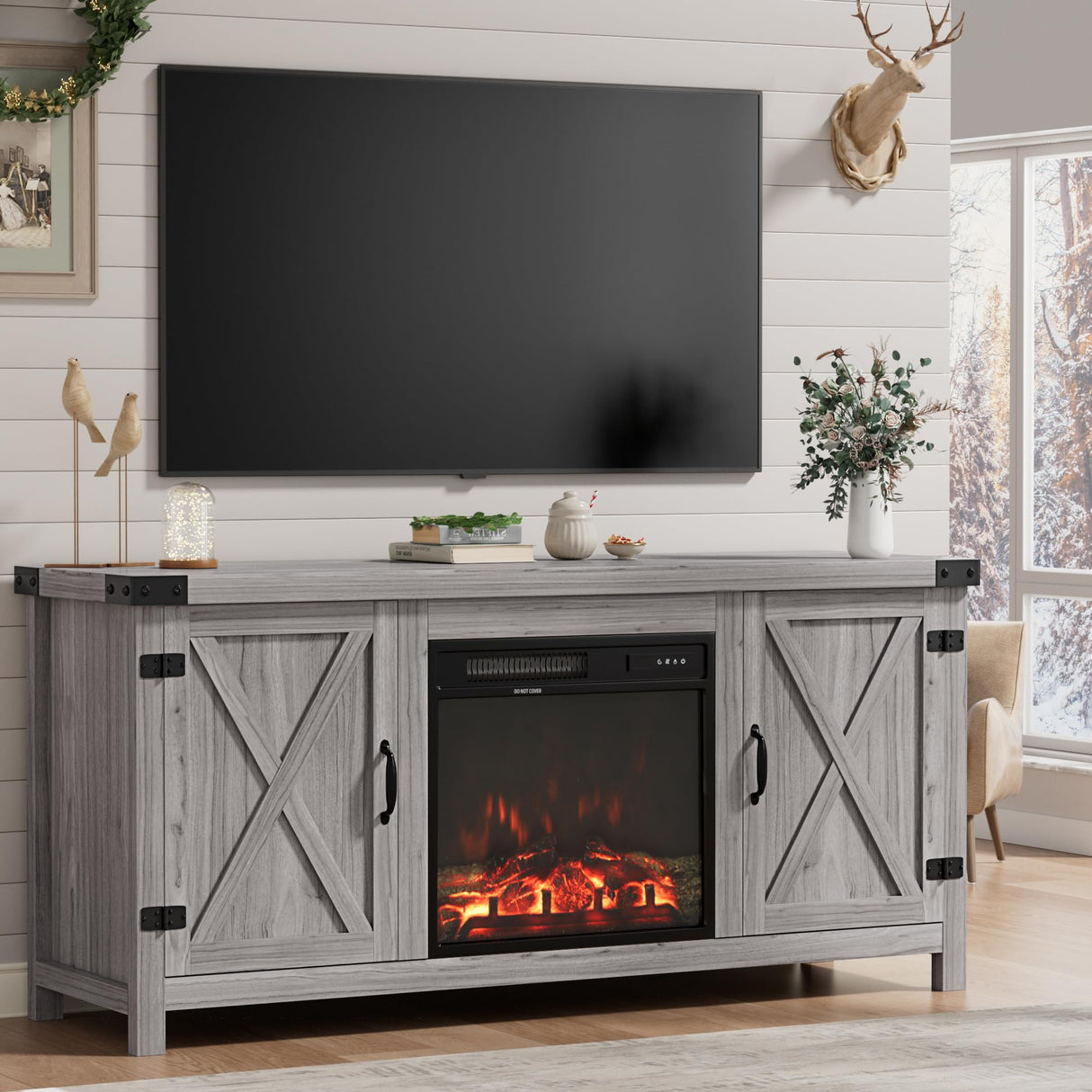 Furmax Fireplace TV Stand for Up to 65 Inches TVs, Farmhouse Entertainment Center with Grooved Barn Doors, Rustic Media Console Table with Storage Cabinets for Living Room (Grey Wash) Furmax