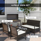 Outsunny Patio Furniture Set, 4 Piece Indoor Outdoor PE Wicker Conversation Set with Chairs, Loveseat Sofa, Cushions, Glass Table for Backyard, Sunroom, Pool, Garden, Brown Outsunny