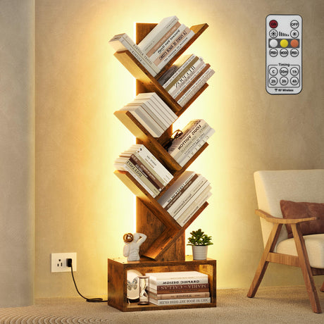 Hoctieon 6 Tier Tree Bookshelf, Tall Bookcase, Freestanding Book Shelf with LED Lights, Display Floor Standing Storage Shelf, Book Organizer Shelves for Home Office, Living Room, Rustic Brown Hoctieon