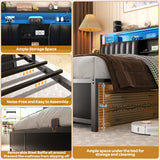 Aheaplus King Size Bed Frame with Charging Station & LED Lights - Upholstered Platform Bed with Storage and Metal Slat Support, Noise-Free Design in Black Oak Aheaplus
